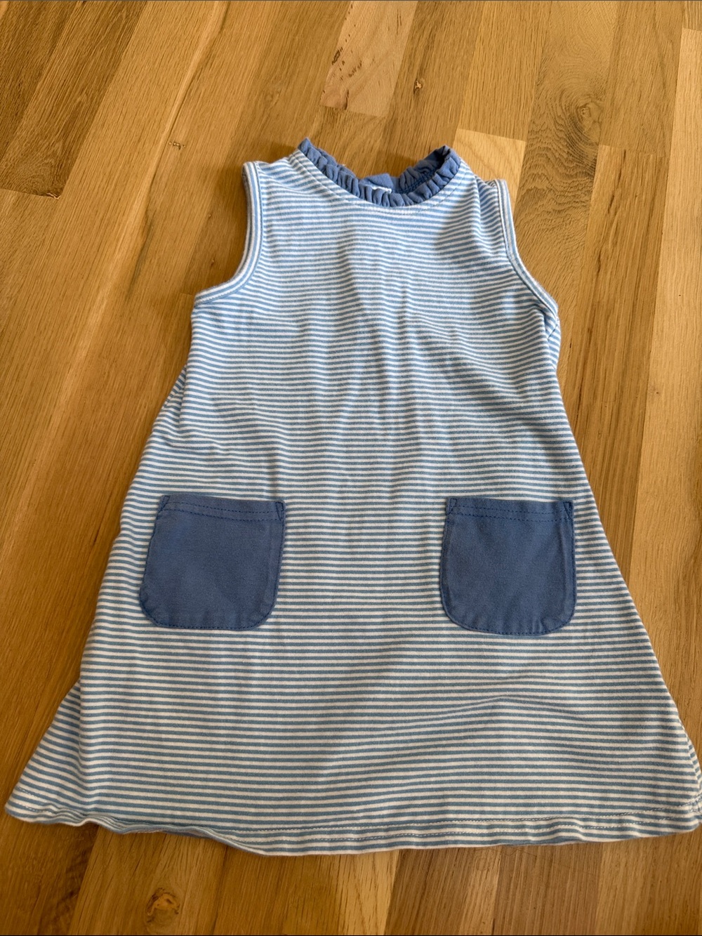 Sleeveless Light Blue & White Striped Dress with Navy Pockets